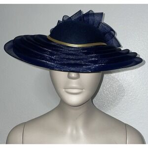 Vtg Sonni of San Francisco Navy Blue Wool Derby Hat Wide Brim Gold Trim USA Made